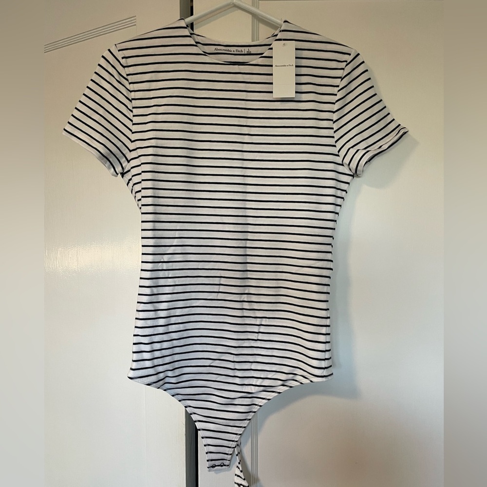 Abercrombie & Fitch White and Black Striped Short Sleeve Bodysuit